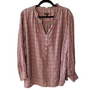 Talbots 3Xp Soft Plaid Ruffle Collar Long Sleeve Button Down Top Pink Brown